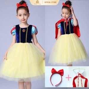 Great-King Girls Princess Snow White Dress with Headband Cape Kids Christmas Party Cosplay Costume Children Short Sleeve Cartoon Clothing