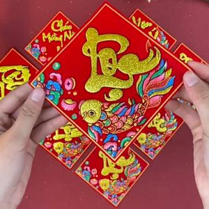 Miếng Dán Trái Cây Hộp Quà Bằng Nhung Đỏ Trang Trí Tết Nhiều Chi Tiết Có Keo Dán Sẵn Mặt Sau