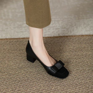 Giày Cao Gót Đế Dày Màu Khối Da Thật Cho Nữ Giày Đơn Cổ Điển Có Nơ Giày Đế Trung Mùa Xuân Thu Giày Cao Gót Kiểu Pháp