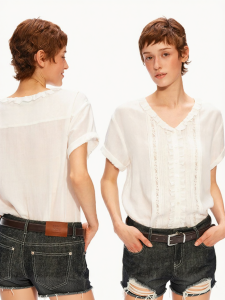 Heavy Duty Lightweight Tencel Ramie Hollow V-Neck Shirt with Lace and Hand-Rolled Edges