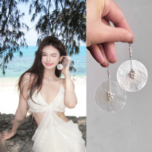 Exquisite Pearl Tassel Shell round Slice Earrings New Chinese Style Elegant Minimalist Design Holiday Feel Fashion Jewelry