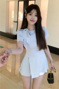 Niche Temperament Bow Bandage Short-Sleeved T-shirt Womens Summer Stylish Slit Slim-Fitting Chic Knitting Tops