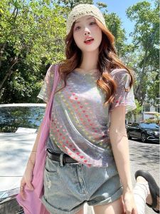 Áo thun BINKAFENNY cho nữ làm bằng polyester dáng ôm in hình trái tim cổ tròn