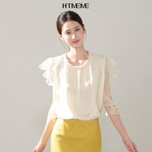 HTMEME | Gentle Pleated Round Collar Ruffle Sleeve Satin Blouse