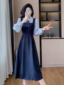 Váy Dài Vừa Phải Màu Xanh Lam Phong Cách Đại Học Cổ Điển Mùa Thu 2025 Mới Độc Đáo Siêu Đẹp Giả Hai Mảnh