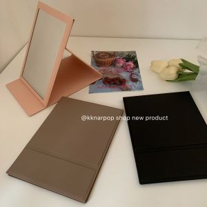 Portable Folding PU Leather Makeup Mirror Desktop Stand Simple Ins Style High Aesthetic Value Compact Travel Cosmetic Mirror