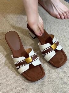 Women Square Toe Slide Sandals Genuine Leather Chunky Heel Multi Use K Style