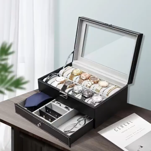 12 Slot PU Leather Lockable Watch Storage Boxes 2-Tier Organizer Watch Showcase Drawer Case Display