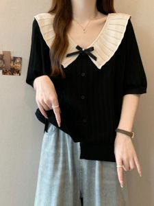 plus Size Womens Summer Knitted Hollow out Doll Collar Slimming T-Shirt Short Sleeve Top Cover Stomach Korean Style Loose Fit