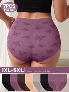 7pcs WomenS Plus Size Underwear with Butterfly Pattern - Soft Breathable High-Rise Briefs in Assorted Colors (Purple Pink