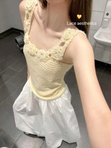 3D Design Sculpture Rose Flower Hollow Needlework Vest Strapless Summer Womens Wear Fashionable Red Hot Girl Short Sleeve Top