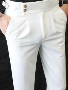 High-End Mens Tailored Pants Parisian Button Design Slim Fit Naples No Ironing British Business Suit Pants Youth Casual Wear
