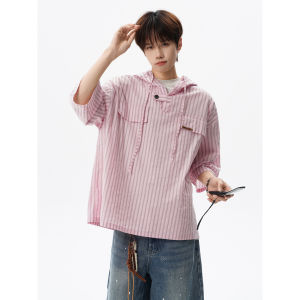 ZHUOCAN | Dopamine Stripes Hooded Short Sleeve Summer Design Sense Sun Protection Shirt Jacket