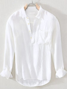 Summer Thin Cotton Linen Shirt Mens Spring Polo Collar Long Sleeve Casual Pullover Breathable Loose Fit Youth Fashion