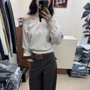 Loose Long Sleeve Knitted Sweater Womens Shoulder Bared One-Shoulder Autumn Winter Korean Style Fashionable Base Shirt Top