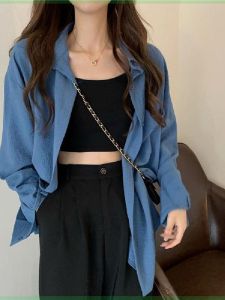 เสื้อเชิ้ตแขนกุดกันแดดสีน้ำเงิน ทรงหลวม ทรงหลวม ทรงบาง สำหรับผู้หญิง ฤดูร้อน 2025 ใหม่ เสื้อเชิ้ตแขนกุด