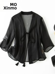 XMO | Lightweight Sun Protection Translucent Long Sleeve Silk Blouse for Summer
