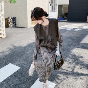Casual Stripe PU Leather Vest Dress Women Spring 2025 Anti-Aging Fashion Two-Piece Set Long A-Line Skirt Button Detailing