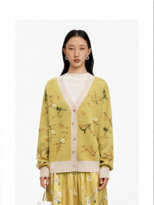 New Chinese Style V-Neck Printed Wool Blend Sweater Loose Drop Shoulder