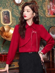 WANGGONGZHU | Elegant Red Long Shirt For Women New Year Fashionable Korean Style Polo Collar Long Sleeve Loose Fit Elegant Atmosphere Top