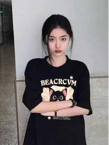 American Style Short Sleeve T-Shirt Women Summer New Design Loose Heavy Top Cotton round Neck Print Casual Fashion Trendy