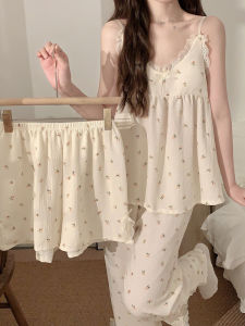 Summer Floral Print Sleepwear Womens Home Clothes Set with Chest Pad Short Pants Outerwear Cute Style Polyester Fabric