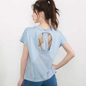 เสื้อยืดโยคะแขนสั้นผู้หญิงระบายอากาศได้ดีแห้งเร็ว หลังเปิด ทรงหลวม สำหรับการวิ่งและออกกำลังกาย เสื้อผ้ากีฬา ฤดูร้อน 2021