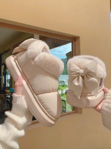 Thickened Fleece Lined Short PU Snow Boots Womens Outdoor Anti-slip Waterproof Cotton Shoes Butterfly Knot Warm Winter Booties