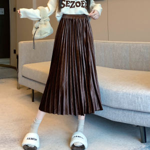 กระโปรงยาวปานกลางผ้ากำมะหยี่สีทองสำหรับผู้หญิง ฤดูใบไม้ผลิ ฤดูใบไม้ร่วง ฤดูหนาว เอวสูง ทรงเอ กระโปรงจีบ แฟชั่นสตรี