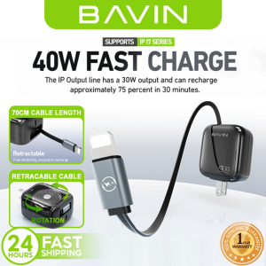 BAVIN PC2020 40W PD Fast Charging AC Adapter w/ Built in Retractable 70cm iPh Cable & Type-C Port