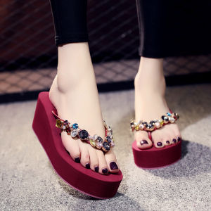 Korean Style High Heel Sandals Glitter Anti-Slip Platform Clogs Womens Beach Shoes Summer Open Toe Slip-On PVC Material