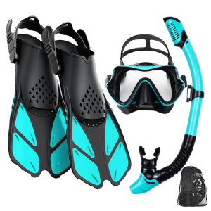 Mask Fins Snorkel Set Snorkeling Gear for Adults Panoramic View Snorkel Mask Anti-Fog Adjustable Dive Flippers Dry Top Snork