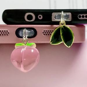 Cute Mini Peach Green Leaf Phone Dust Plug Pendant for iPhone Samsung Xiaomi Type-C/iOS Interface Strawberry Cell Dust Plug