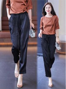 กางเกงขายาวผ้าไหมน้ำแข็งทรงหลวมสำหรับผู้หญิง กางเกงขายาวทรงหลวมสไตล์ฮาราจูกุบาง กางเกงขายาวทรงเก้าส่วนสำหรับผู้หญิง