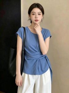 AIYITI | Attractive Blue Round Neck Short Sleeve Womens Summer New Fashion Plus Size Waist-cinching Bow-up Top