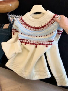 QINGNAER | Colorblock Knit Sweater Round Neck Womens Slim Fit Stylish