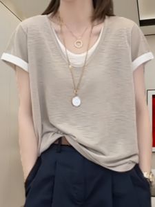 Casual Loose Fit Short Sleeve T-shirt for Women Summer 2024 New Style Slimming V-neck Pure Color Versatile Shorts Top