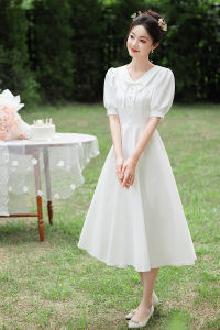 สีขาว งานแต่งงาน เดรส คอวีลึกแขนสั้นกลาง เอว กระโปรงสั้น เพื่อนเจ้าสาว เดรส สําหรับการลงทะเบียนข้อเสนอและการแต่งงาน