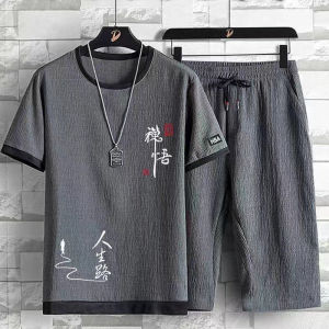 Summer Ice Silk Linen Sportswear Loose Fit Casual Short Sleeve T-Shirt And Seven-Piece Pants Two-Piece Set for Young Men