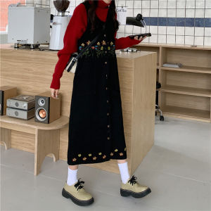 Embroidered Denim Overalls Dress Women Loose Mid-Length Korean Style High Waist Button Detail A-Line Silhouette Autumn Wear