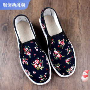 Handmade Beijing Floral Cloth Shoes Mens Workwear Breathable Lightweight Black Summer Rubber Sole round Toe Slip-On Shoes