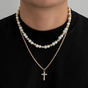 KunJoe 2Pcs/Set Vintage Rhinestones Imitation Pearl Choker Necklace for Men Hip Hop Jesus Cross Pendant Necklace Street Jewelry