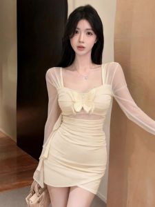 GUZILIAN | Sensual Butterfly Print Square Neck Long Sleeve Mesh Bodice Mini Dress