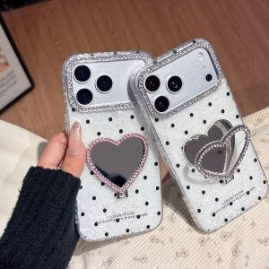 EOENKK | INS Polka Dot Heart Mirror Kickstand Phone Case For iPhone 11 12 13 14 15 16 17 Pro Max Plus Shockproof Makeup Girl Phone Cover