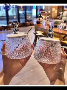 【Christmas Gifts】300ml Compact Cute Glass Cups with Lid Water Pattern Trend Style Coffee Cup Office Household Scented Tea Mugs