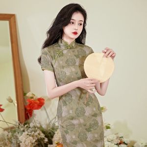 Elegant Short Cheongsam Dress Single Layer Floral Print Thin Summer Style Young Slimming Midi Length Short Sleeve Dress