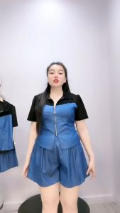 Set Bộ Bigsize Nữ Áo Tay Ngắn Cổ Bẻ Kèm Quần Đùi Lưng Chun Vải Jean Giấy Phối Thun Ruby - SET839