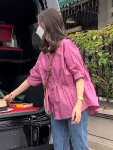 Design Sensation Casual Womens Shirt Mid-Sleeve Asymmetrical Loose Slimming Pleated Top Summer Fashionable Stylish Small Shirt