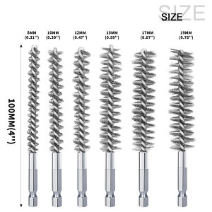 6Pcs 8-19mm Stainless Steel Drilling Brush Pipe Cleaning Brush 1/4" Hexagonal Wire Brush for Electric Drill Rotary Cleaning Tool