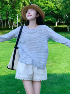 YUEZHONGWEI | Blue Striped Linen Long Sleeve T-Shirt Women Summer Thin Transparent Lightweight Air Conditioning Top Breathable Moisture Wicking